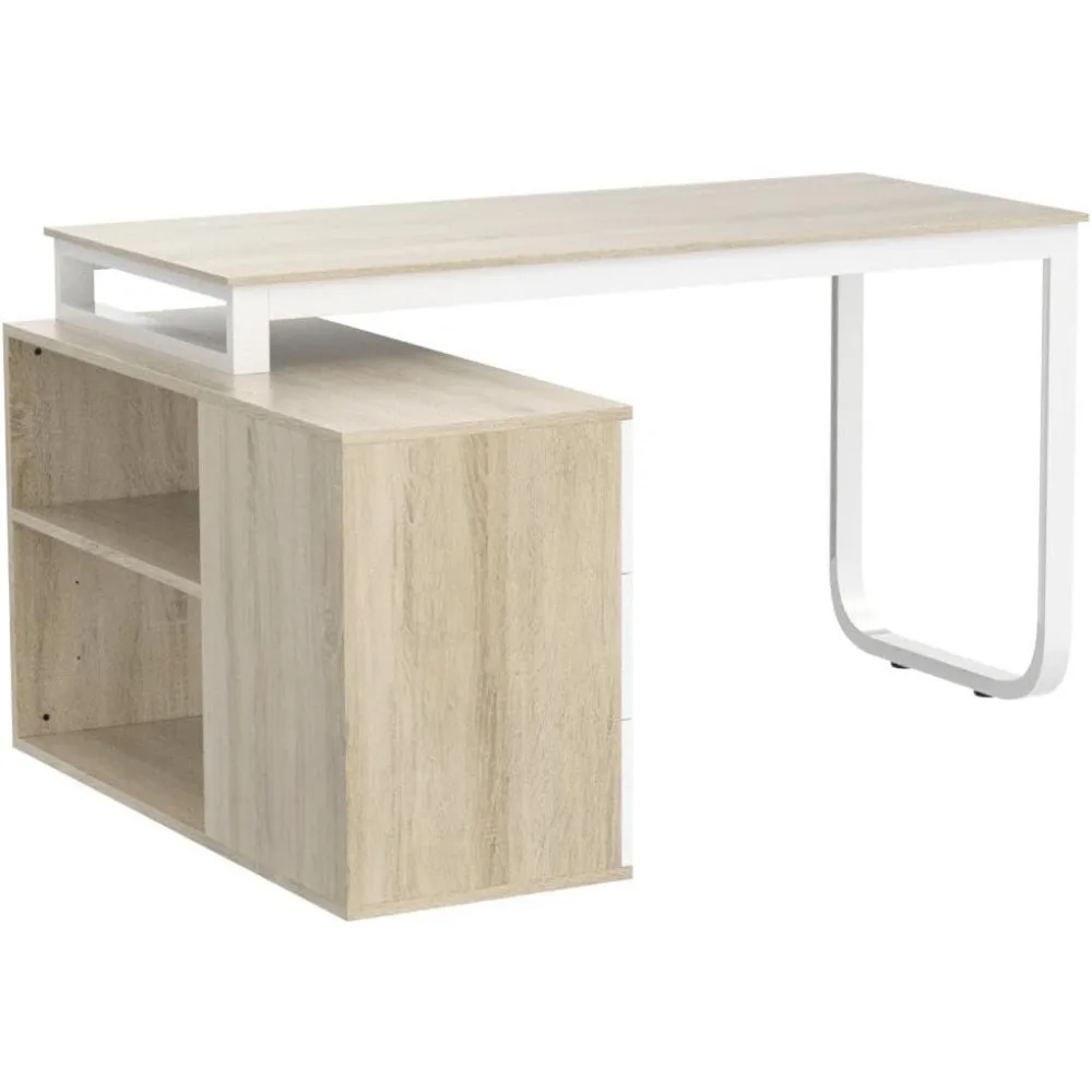 Home Office Computer Desk Corner Desk with 3 Drawers and 2 Shelves, 55 Inch Large L-Shaped Study Writing Table with Storage Cab
