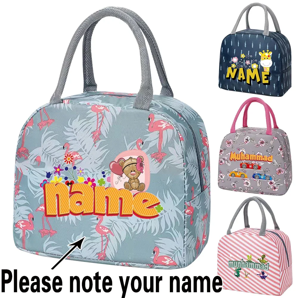 Custom Name Lunch Bag for Women Portable Lunch Box Cooler Pack Cartoon Print Handbag Thermal Picnic Food Bag Lunch Bags for Work