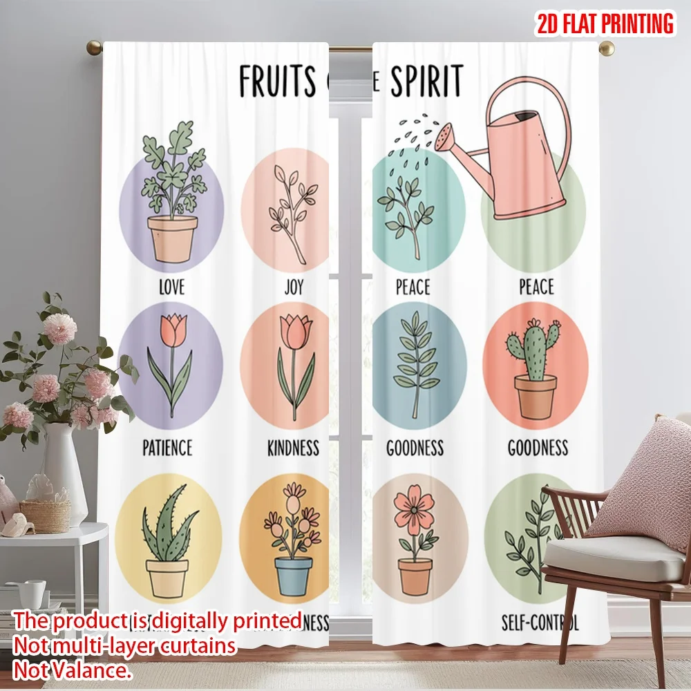 

2pcs 2D flat printing Window Treatment Curtains Fruits Spirit Love Joy Peace Fabric Without Electricity Birthday Party Perfect