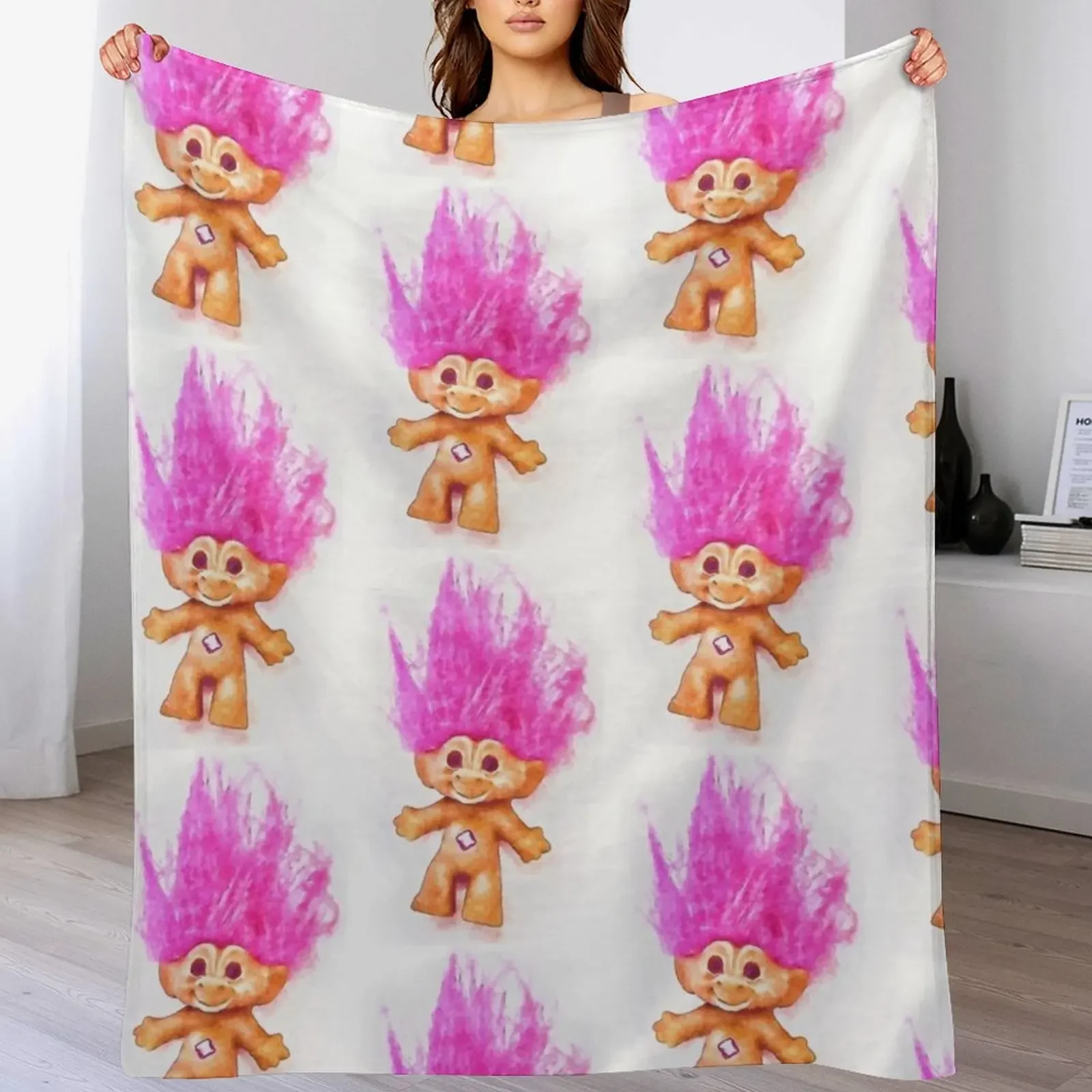 Pink Luck Troll Doll Watercolor Throw Blanket Flannel Fleece Soft Warm Throw Blanket