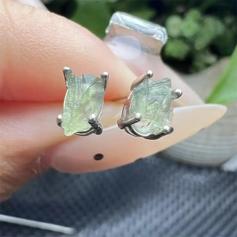 

S925 Natural Freeform Czech Meteorite Stud Earrings Sterling Silver Reiki Healing Stone Fashion Jewelry Gift A SET