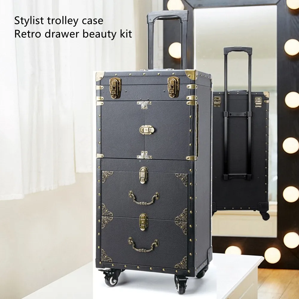 Make Up Trolley Case Hairdresser Beautician Makeup Artist Toolbox Cosmetic Suitcase Travel Storage Box Retro Wheeled Luggage Bag