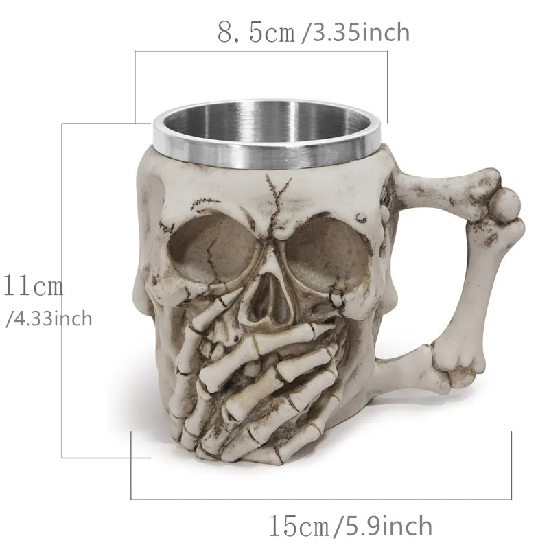 Gothic Skull Beer Mug, 450ml Stainless Steel Liner, 3D Resin Skeleton Hand Tankard, Halloween Themed Stein with Bone Handle