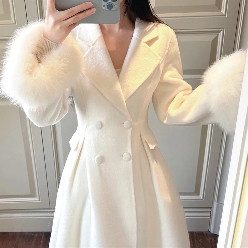 جديد إمرأة أنيق معطف صوفي غير رسمي خمر الصلبة Chic2025 الشتاء ملابس خارجية ملابس دافئة انفصال الكفة الشعر معطف الصوف سيدة