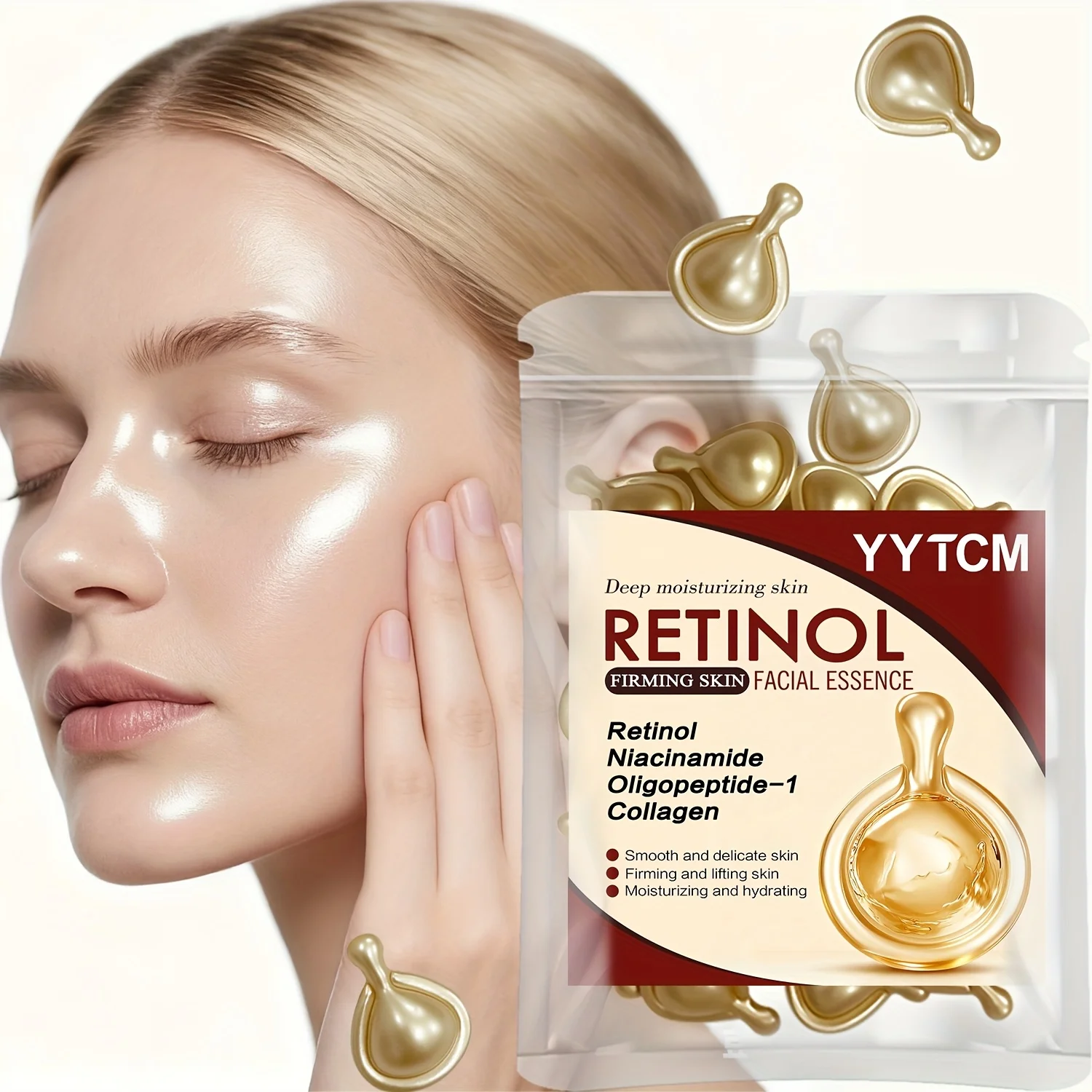 كبسولات ريتينول لشد الوجه لترطيب الوجه، جوهر ريتينول للوجه، تحتوي على الكولاجين المتحلل والنياسيناميد والترطيب العميق (0.5 جرام × 30 كبسولة)/كيس -1 كيس #1