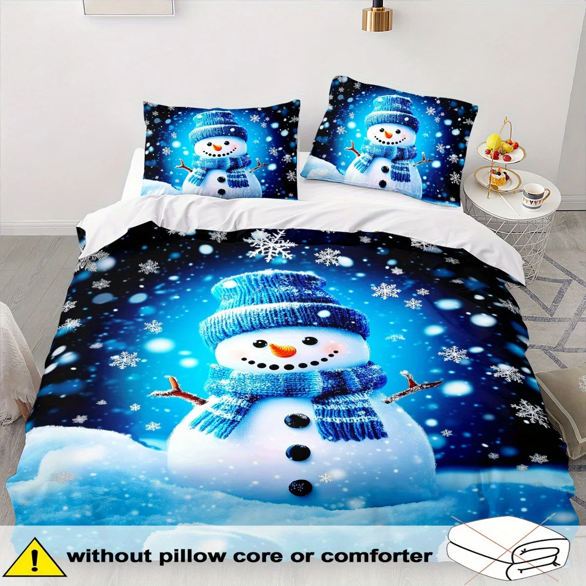 3-Piece Christmas Snowman Bedding Set, Christmas Snowflake Duvet Cover Set, Blue Duvet Cover, Bedroom Decoration, 2D Christmas Decoration for Guest Room, Flat Print (Includes 1 Duvet Cover + 1-2 Pillowcases)