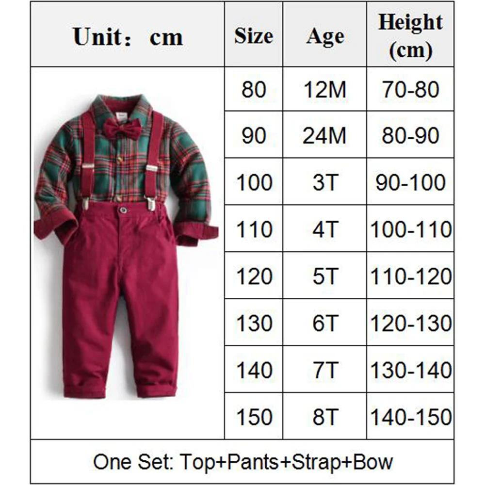 1-9 Years Boy Christmas Costume Children Kid Outfit Birthday Baby Boy Clothes Green&Red Plaid Infant Long Sleeve Festival