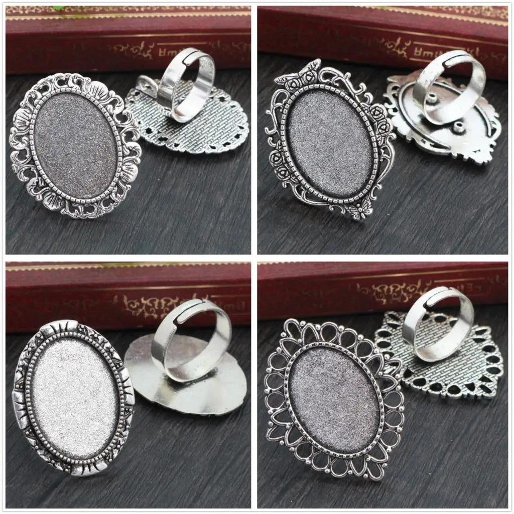 18x25mm 5pcs Antique Silver Plated 4 Style Brass Oval Adjustable Ring Settings Blank/Base,Fit 18x25mm Glass Cabochons