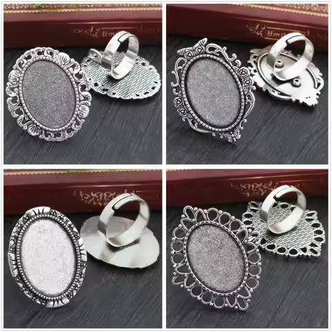 18x25mm 5pcs Antique Silver Plated 4 Style Brass Oval Adjustable Ring Settings Blank/Base,Fit 18x25mm Glass Cabochons