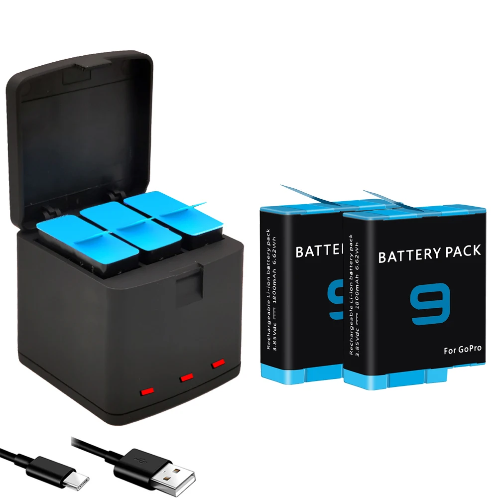 For GoPro Hero 12 11 10 9 Battery Charger Box Triple Charge  Li-ion Batterie Action Camera Accessory