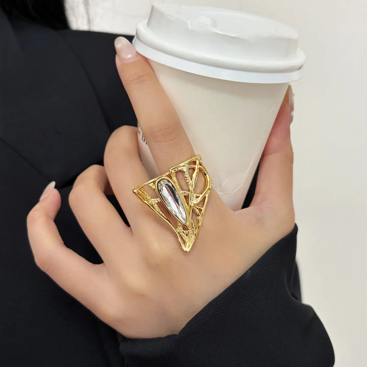 Oversized Hollow Triangular Open Ring Textured Metal Frame Marquise Crystal Adjustable Wide Band Bold Statement Ring For Women
