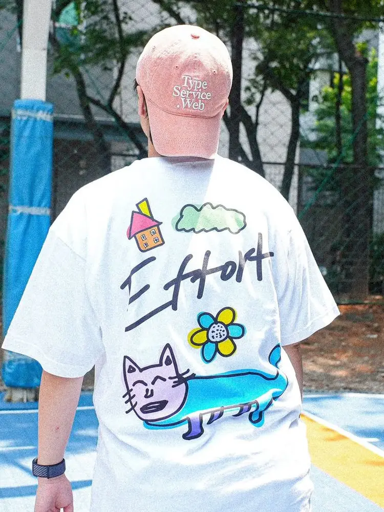 かわいい猫の花の落書き半袖-tシャツルーズラウンドネックカップルスタイル夏カジュアルトップス男性女性用