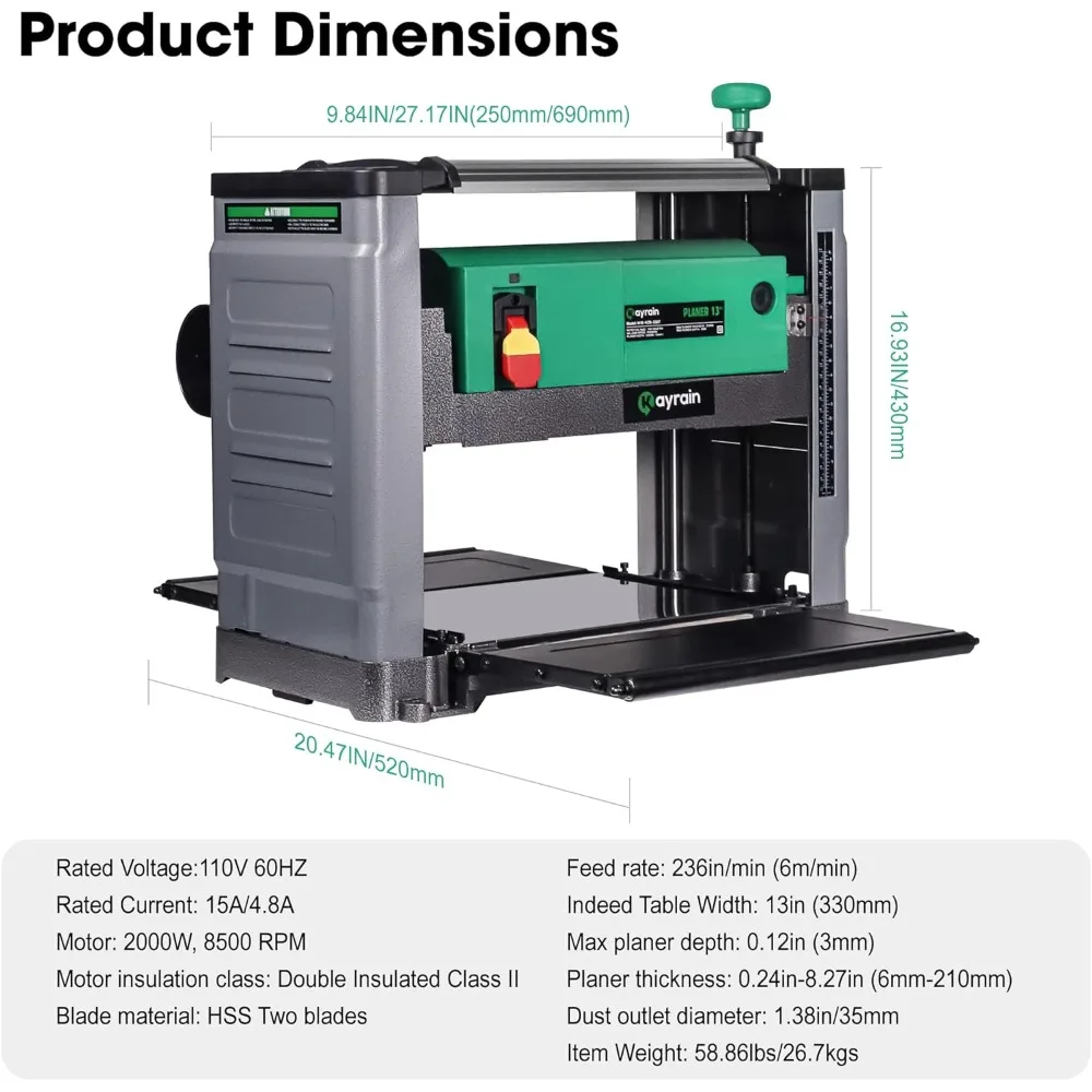 13-Inch Power Benchtop Planer 2000W Electric Thickness Planer with HSS Double-sided Blade Wood Planer for Woodworking