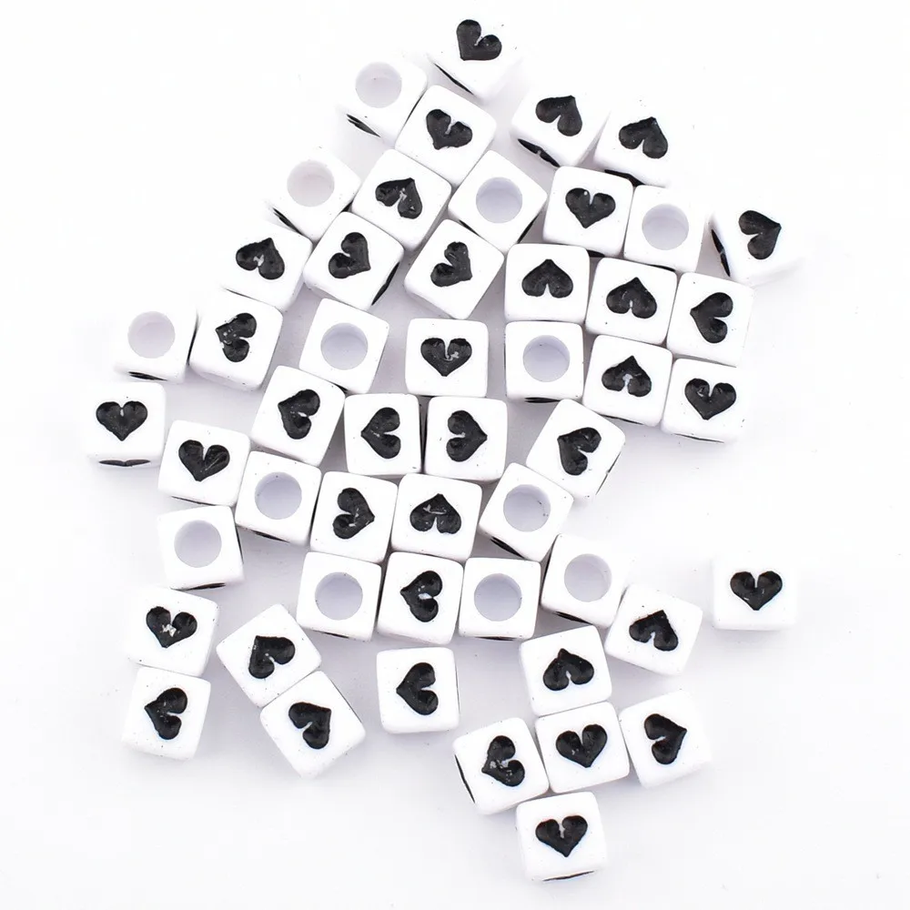 50pcs/lot 6*6*3mm DIY Acrylic letter beads Square white background black love beads for jewelry making