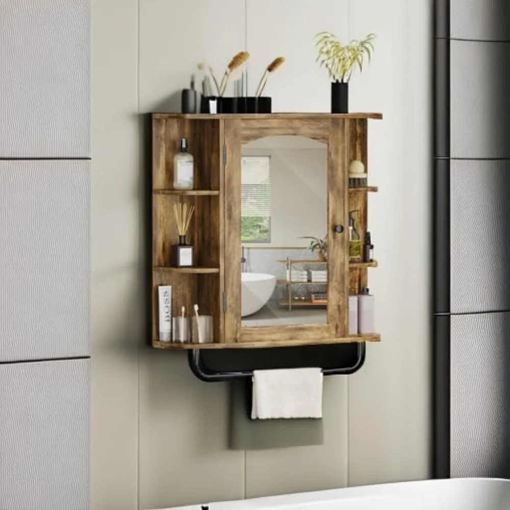 Armário de banheiro montado na parede com porta de espelho, organizador de armazenamento de prateleira removível para espaços pequenos, decoração de casa