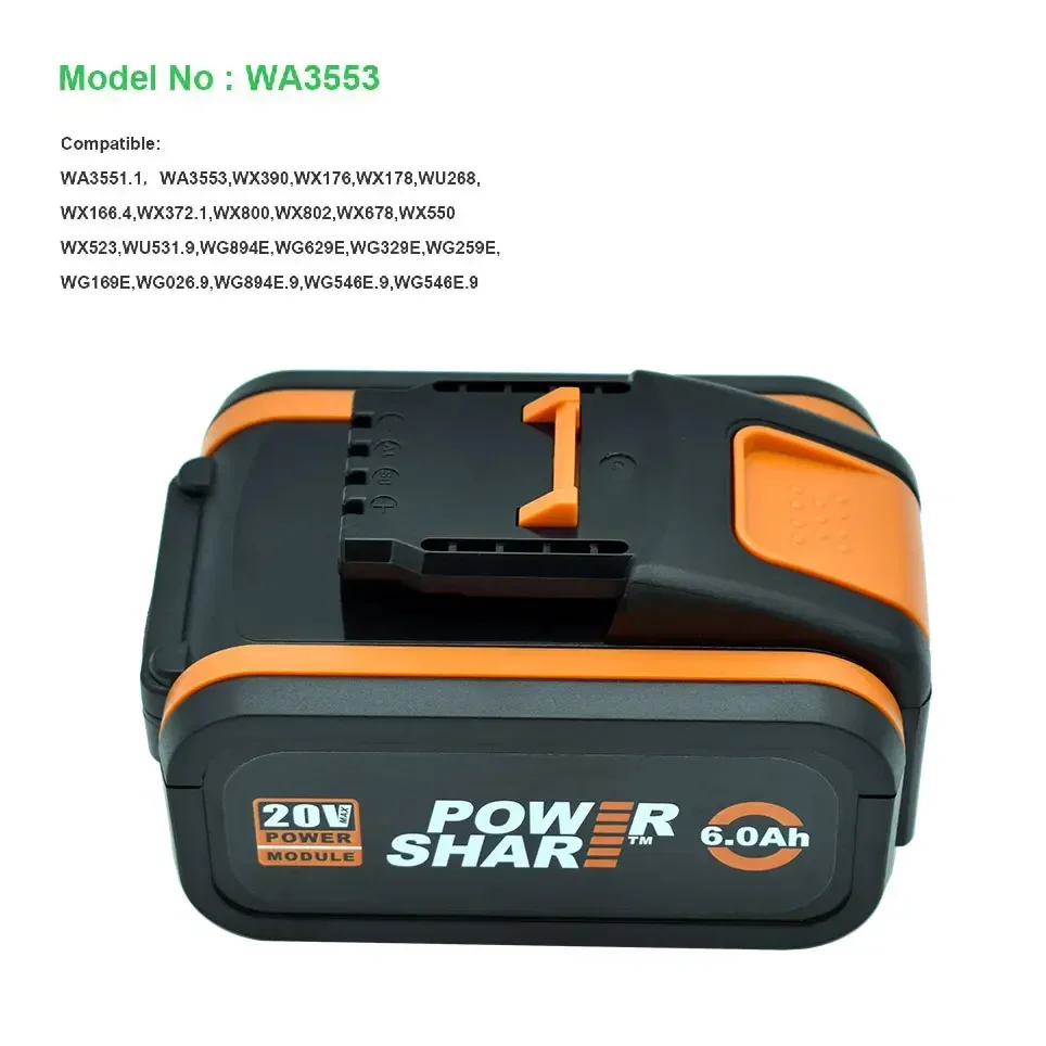 For WORX 20V battery 6.0Ah Lithium Rechargeable WA3553 WA3551 WA3553.1 WA3570 for All WORX Electric and Garden Tools