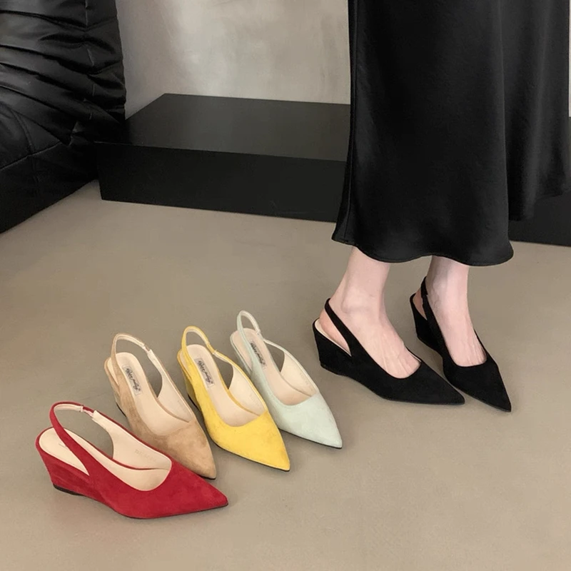 SUOJIALUN 2026 Summer New Brand Women Sandal Fashion High Wedge Heel Slingback Shoes Pointed Toe Shallow Elegant Outdoor Slides