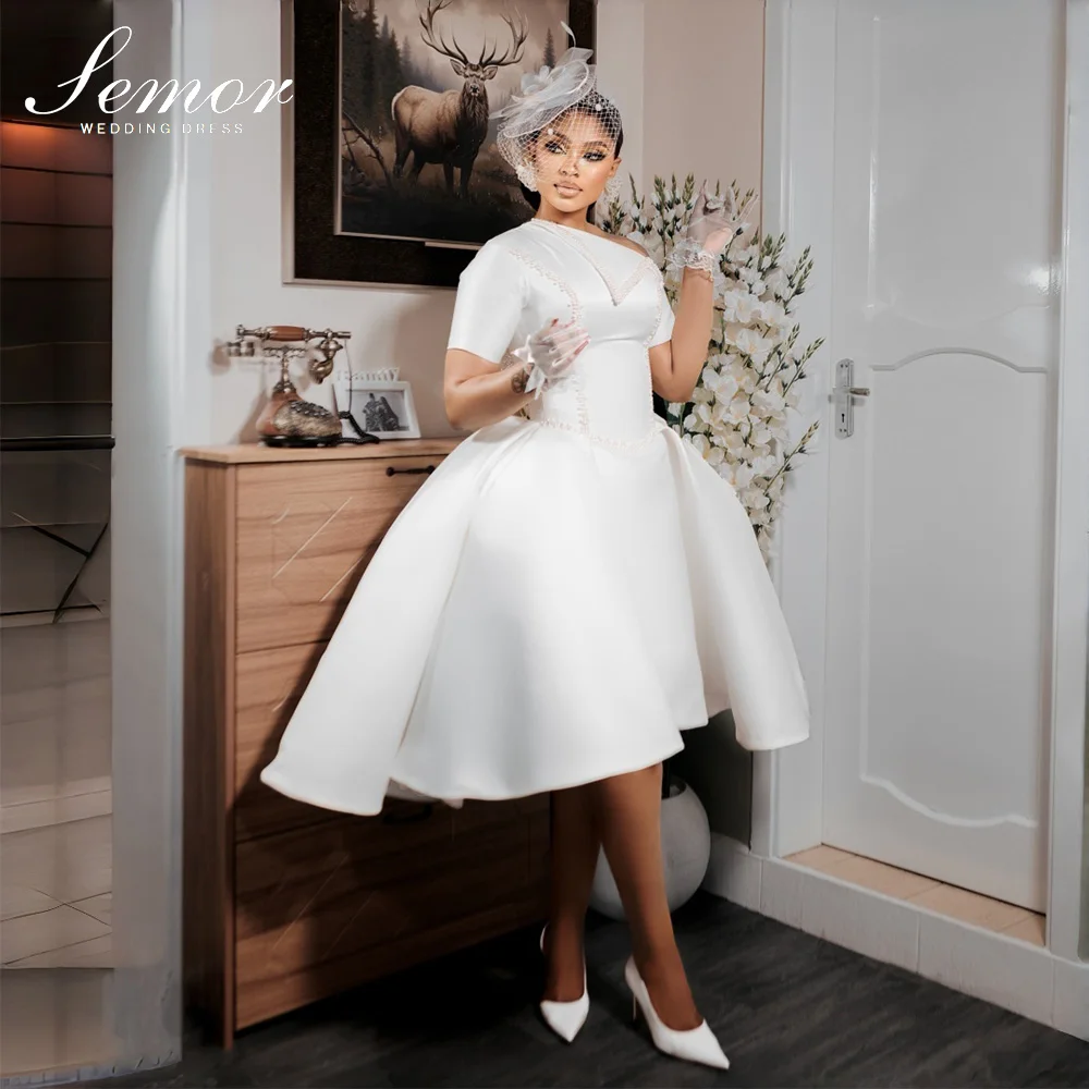 Semor Off White Satin Wedding Dresses Short Sleeves Pearls Bridal Gown Women Knee Length Vestidos Feminino Elegante Customized