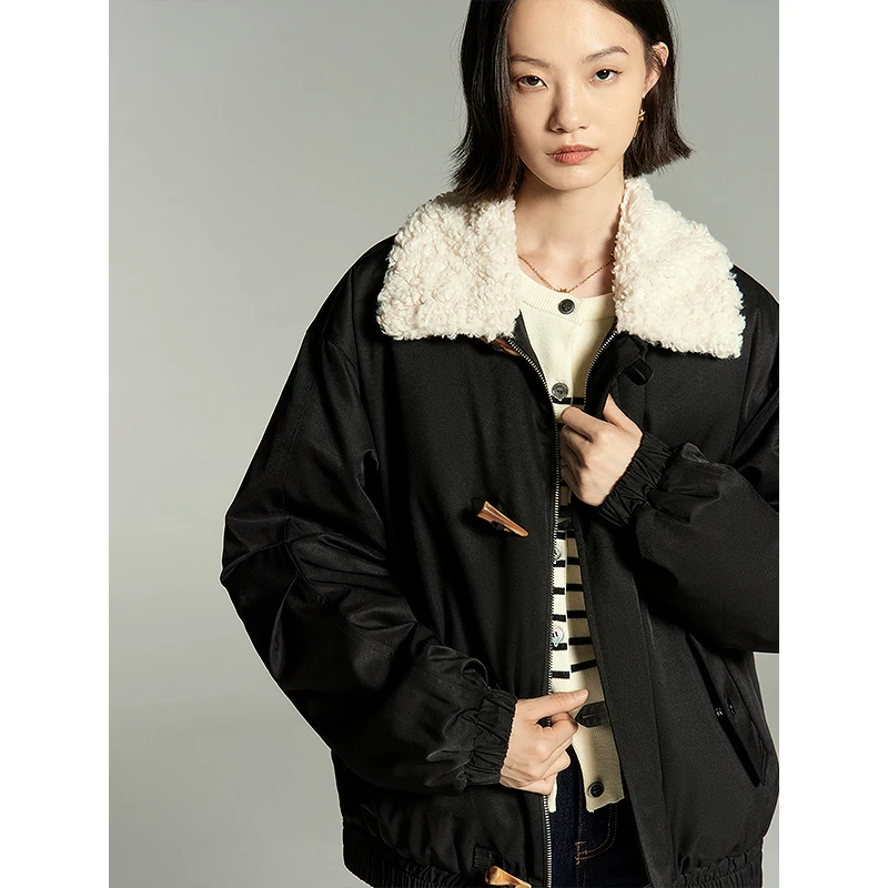 Toyouth Women Thick Coat 2023 Winter Long Sleeve Plush Panel Lapel Loose Jacket Vintage Cowhorn Buckle Black Beige Outwear