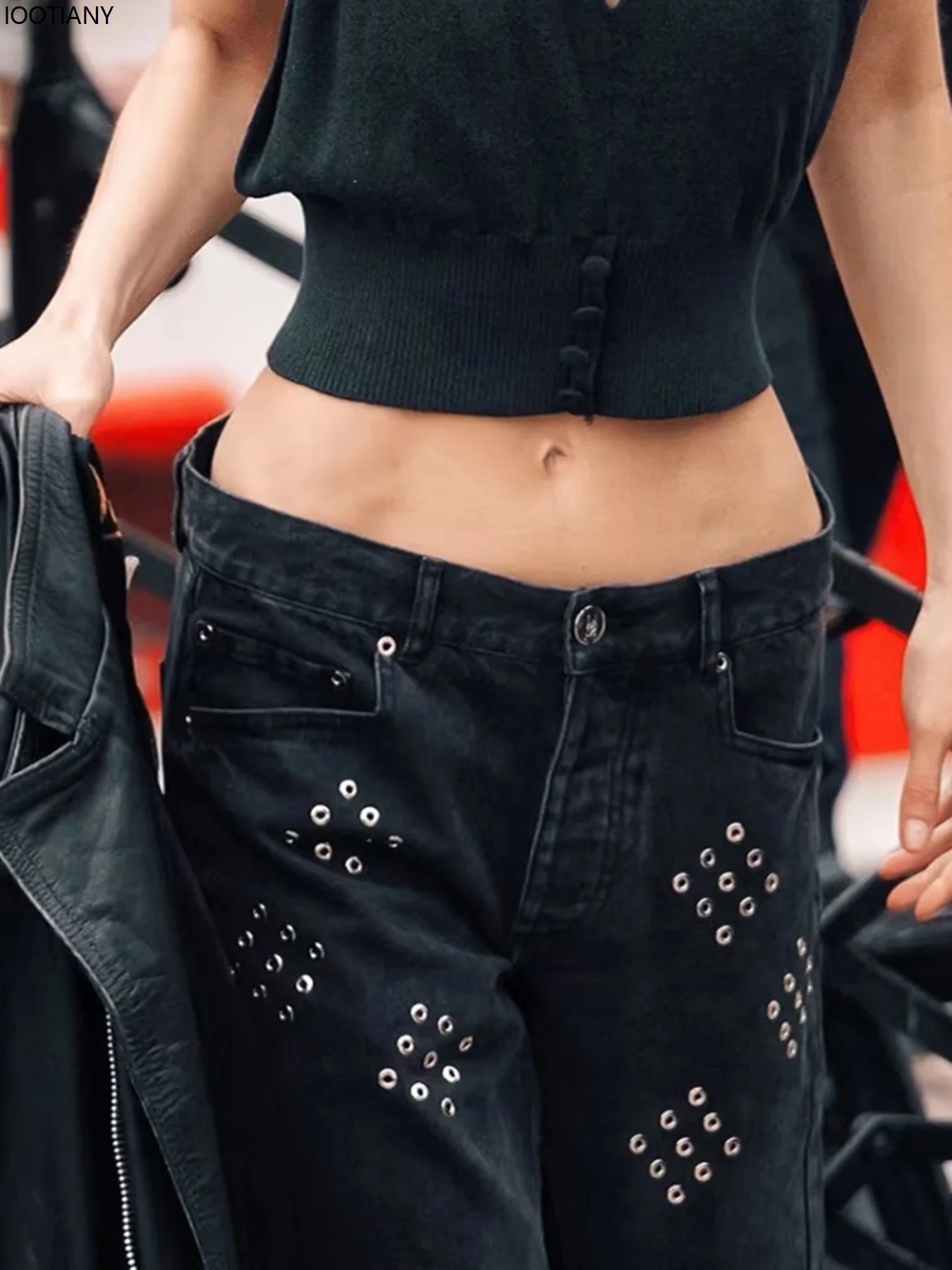 جينز أسود فضفاض مستقيم على الطراز القوطي الشرير جينز فضفاض منخفض الخصر للنساء نمط الشارع Y2k جينز منخفض الخصر نمط هاراجوكو