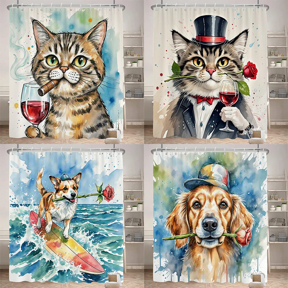 Watercolor cats and dogs funny shower curtain bathroom curtain Amusing and creative animal Decorative curtain with hooks