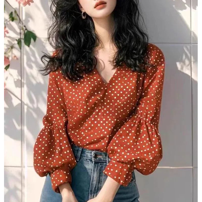 

Новая женская рубашка в стиле ретро с рукавами-фонариками в горошек, весна-осень 2026, элегантный повседневный стиль, модная одежда для женщин