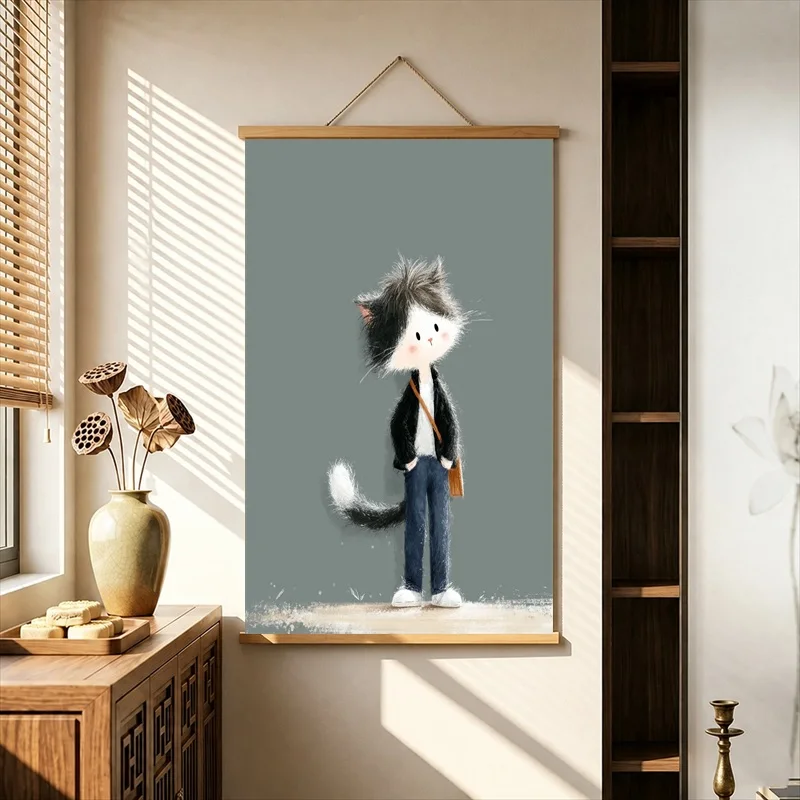 Kawaii Room Decor Fashionable Animal Friends Walking, Cute Contemporary Pearlescent Canvas Hanging Scroll for Childrens Bedroom