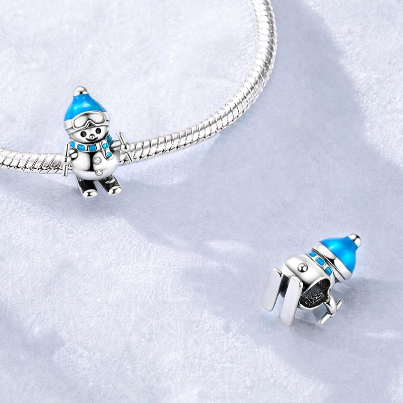 Winter Skiing Snowman Bead 925 Sterling Silver Charm Fit Original Chain Bracelet Making Fine Jewelry For Woman