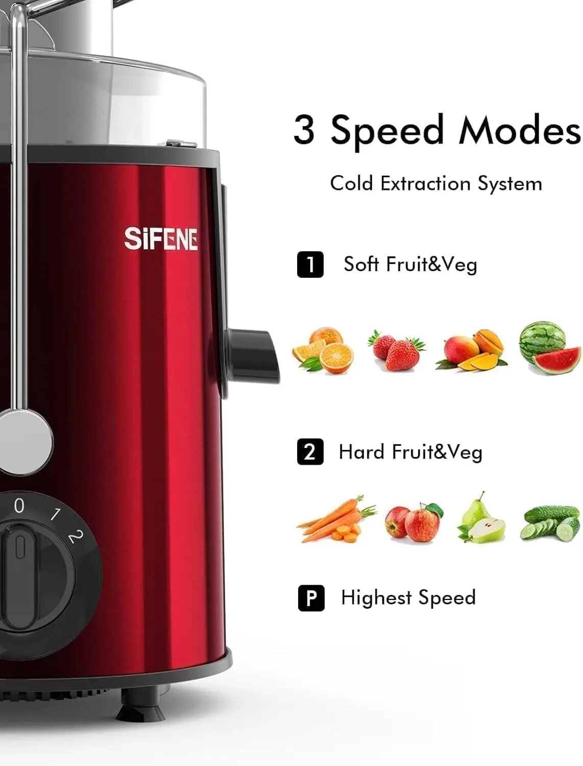 SiFENE 3" Big Mouth Centrifugal Juicer Extractor for Fruits & Vegetables, Compact Juicing Maker, Non-BPA, Easy to Clean, Red image 2
