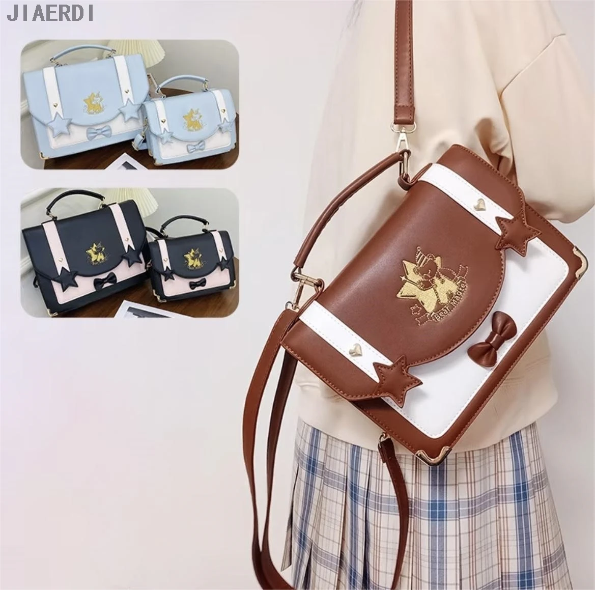 

Embroidered Little Bear Backpack Female JK Uniform Crossbody Bag Bow Design PU Large Capacity School Bag Mochila Bolso Mujerla