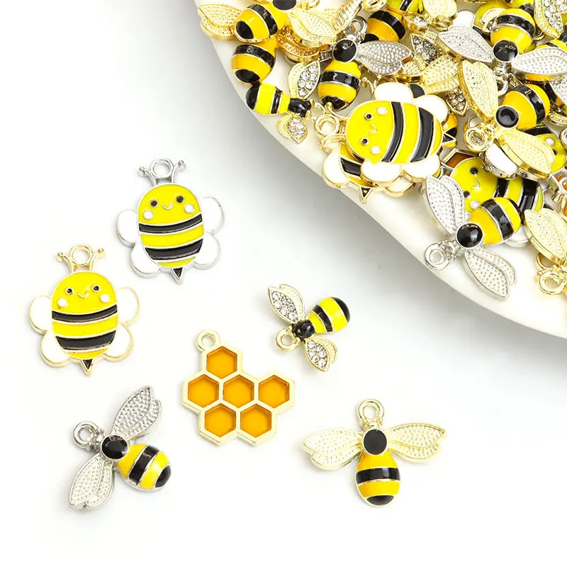 10pcs Creative Bee Honeycomb Design Enamel Charms Earrings Necklace Keychain Alloy Pendants DIY Ornaments Insect Accessories