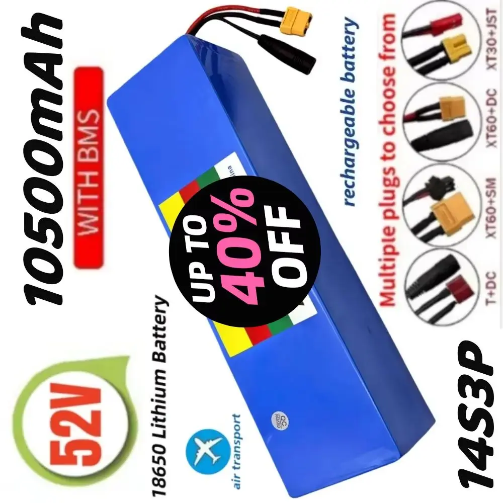 

100% New 52V 10.5AH 14S3P battery pack 18650 lithium built-in BMS, suitable for 1500W various electronic devices+charger