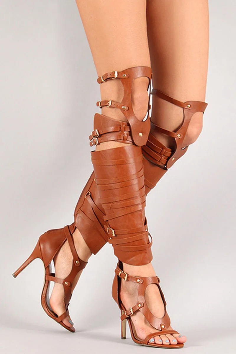 Sexy High Heel Belt Buckle Fasten Strap Cutout Sandal Boots Woman Brown Black Leather Open Toe Summer Thigh Boots