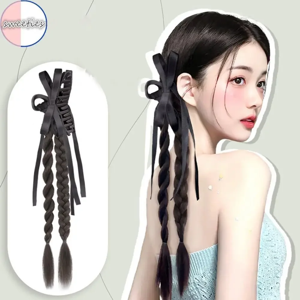 Stile cinese Nastro bowknot treccia intrecciata coda di cavallo clip-on parrucche donna Simulazione boxe treccia parrucca coda di cavallo Estensione