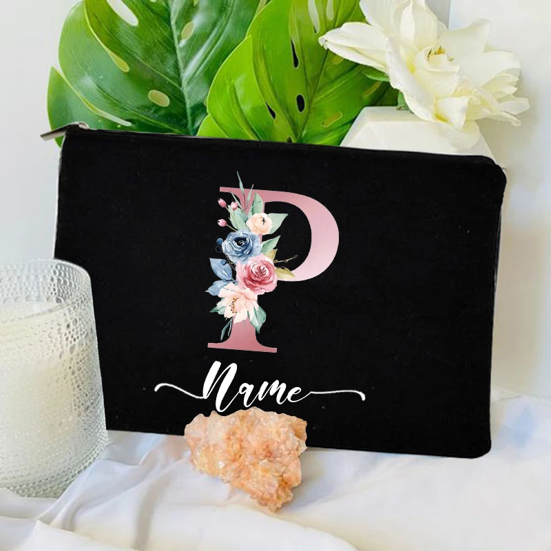 Bolsa de maquillaje con flores degradadas con letras, bolsa de lavado de lona con nombre personalizado para mujer, lápiz labial, bolsa de almacenamiento de viaje, billetera de regalo de vacaciones