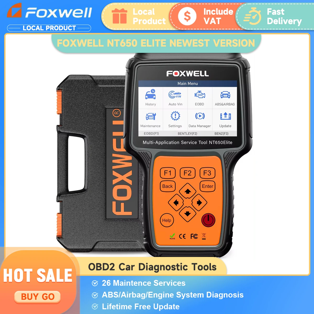 FOXWELL NT650 Elite OBD2 Car Scanner ABS Airbag Diagnostic Tools Code Reader SAS EPB DPF TPMS BRT Oil 26 Reset Auto Scan Tool