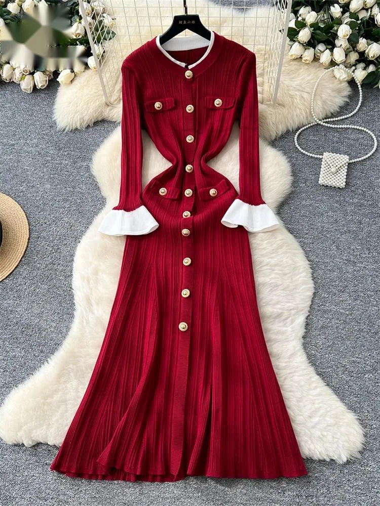 

French Chic Color Block Dress O Neck Flared Sleeves Single Breasted Long Dress Elastic Slim Fit Knitted Sweater Dress