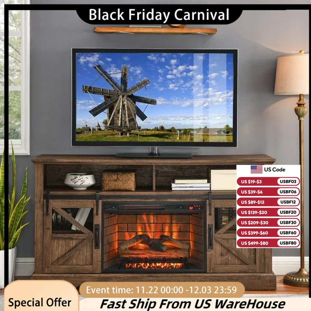 60 Inch Electric Fireplace  Entertainment Center With Door Sensor-Reclaimed Barnwood Color