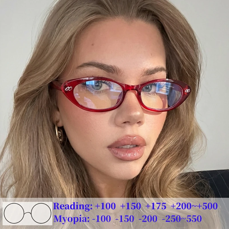 Rote Kleine Katzenaugen-Lesebrille für Damen, Modische Presbyopie-Brille mit Nieten, Transparente Myopie-Brille für Frauen