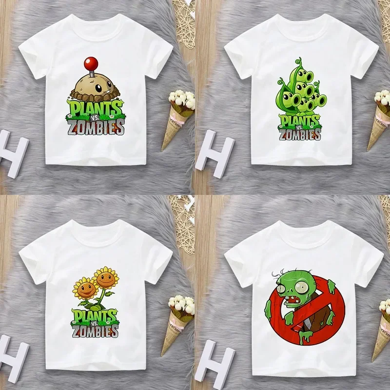 Summer Plants Vs. Zombies Printed Casual T-Shirt Boys Girls Short Sleeve Top for Middle School Students Family Matching Outfits