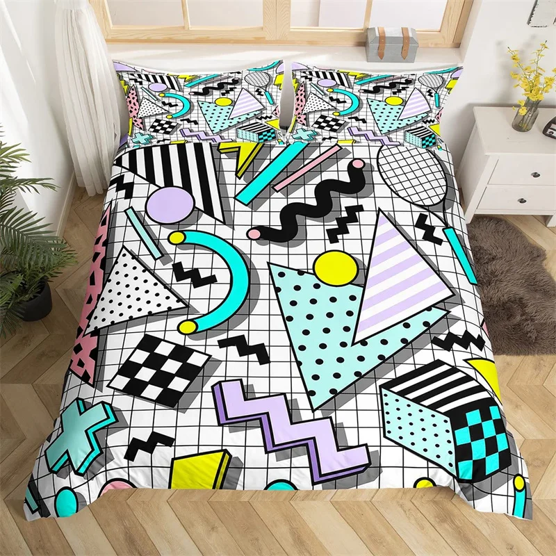 

Retro 80s Style Bedding Set Twin King Size Abstract Geometric Pattern Duvet Cover Set Microfiber Circle And Triangle Quilt Cover