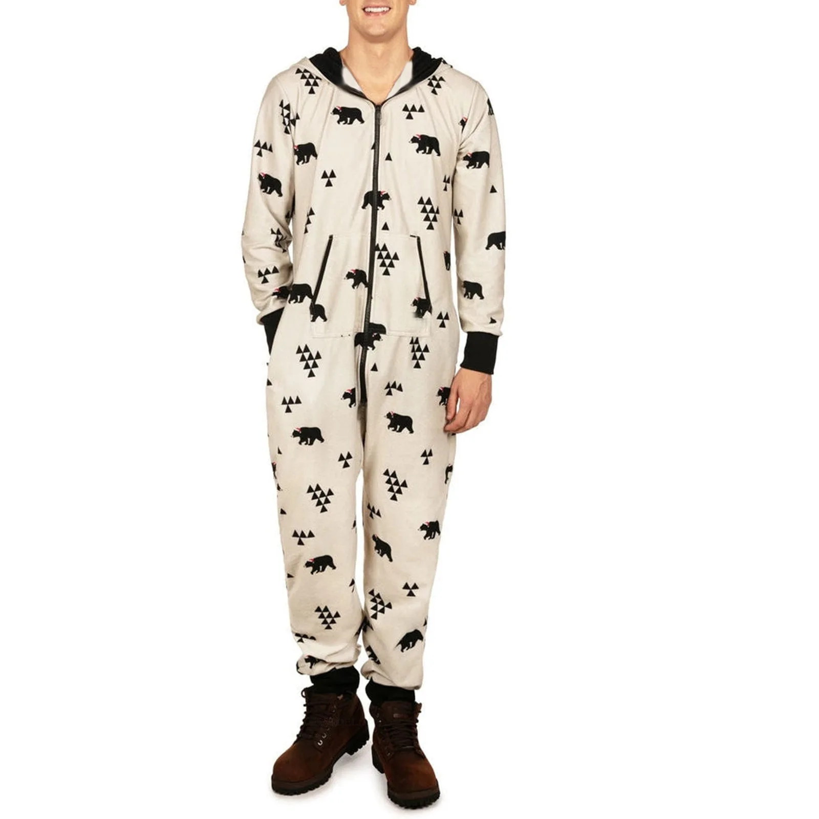 Christmas Autumn Winter One Piece Pajamas Valentine\'s Day Couple Dress Hooded Love Print Homewear Zipper Sleepwear