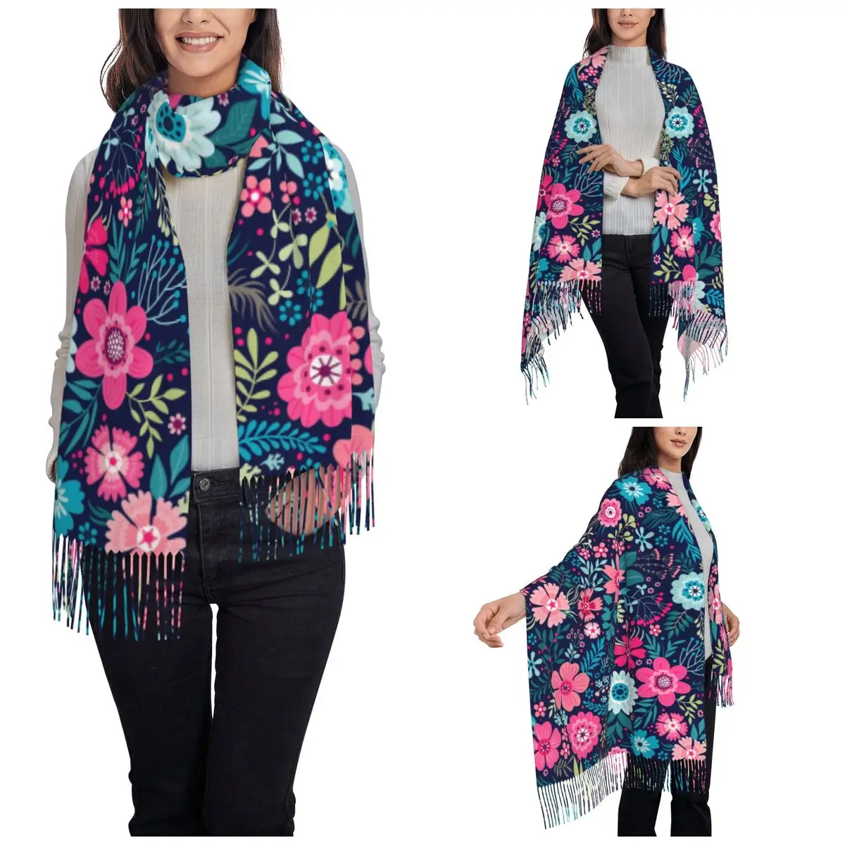 Cute Small Flowers Shawl Wraps Women Winter Long Soft Scarf Ditsy Floral Hawaii Style Pashmina Tassel Scarves