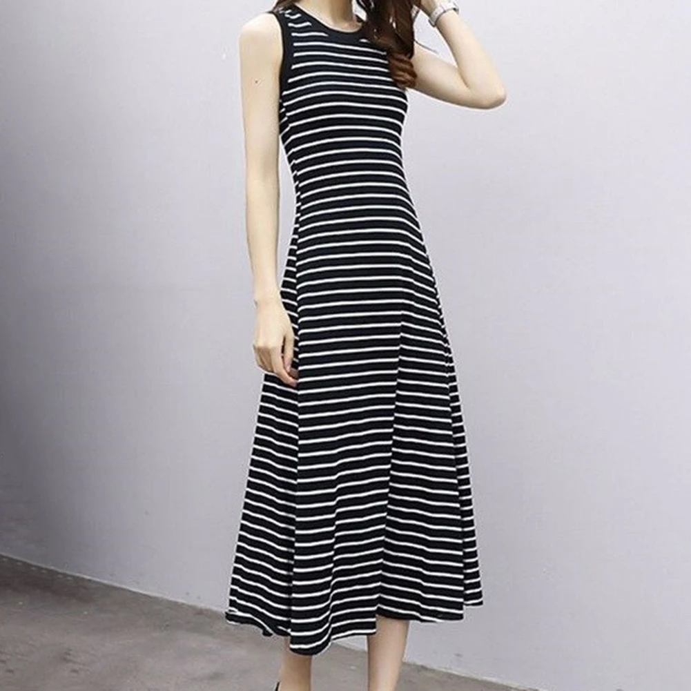 여름 스트라이프 스트랩 롱 캐미솔 베스트 드레스 여성 루즈 캐주얼 티셔츠 무릎 길이 비치 휴가 비치 롱 A라인 스커트