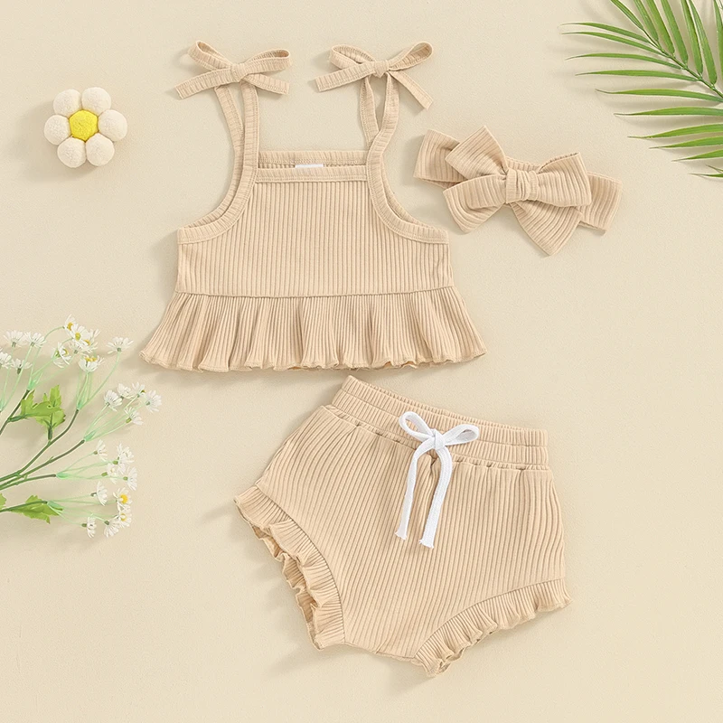 3Pcs Baby Girls Clothes Summer Outfits Solid Color Ruffled Sleeveless Camisole Tops Elastic Waist Shorts Cute Headband Set