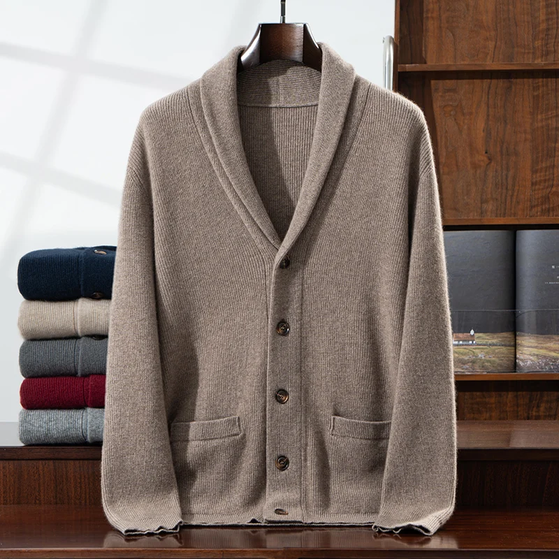 Cashmere Jacket Men's Knitted V-Neck Cardigan 100% Cashmere Autumn and Winter New Men's Sweater Casual Business Cashmere Jacket
