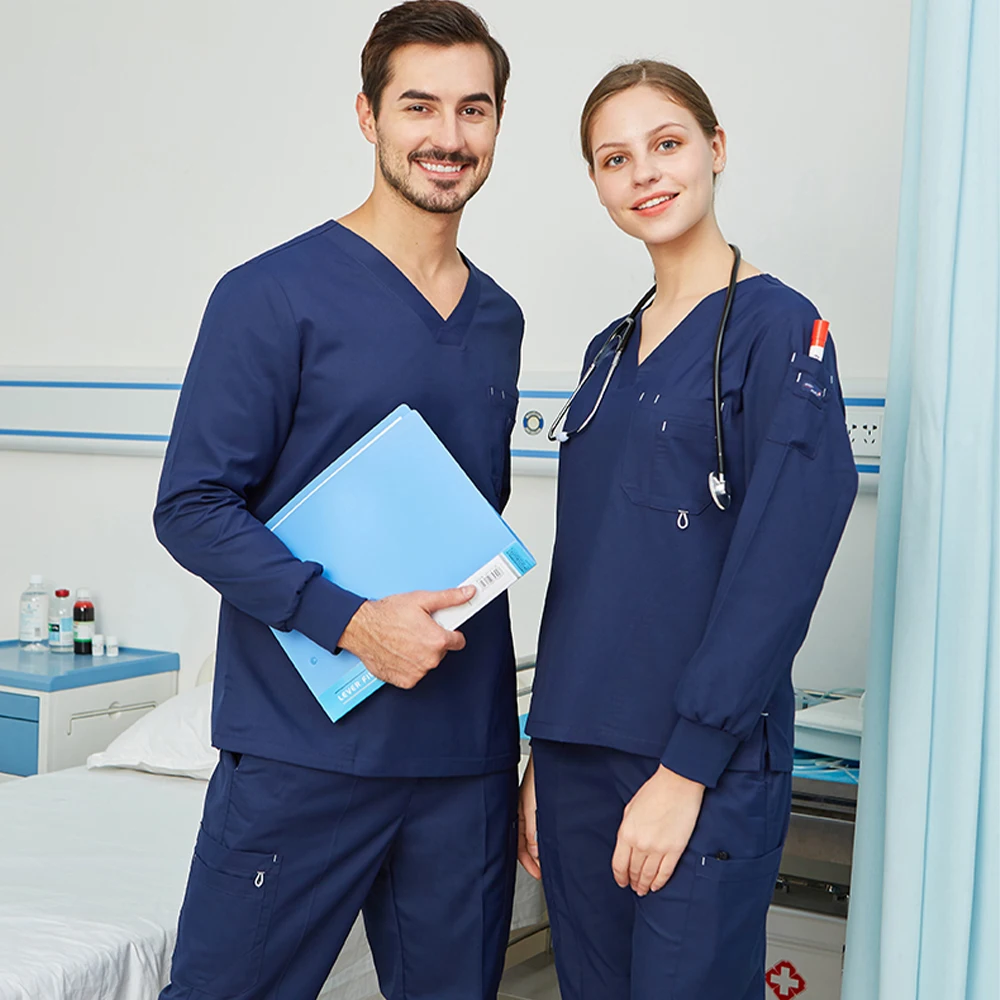 Conjunto de esfoliante uniforme médico enfermeira workwear para mulheres homens enfermagem superior e calça cloro resistência ao alvejante médico outfit 9901