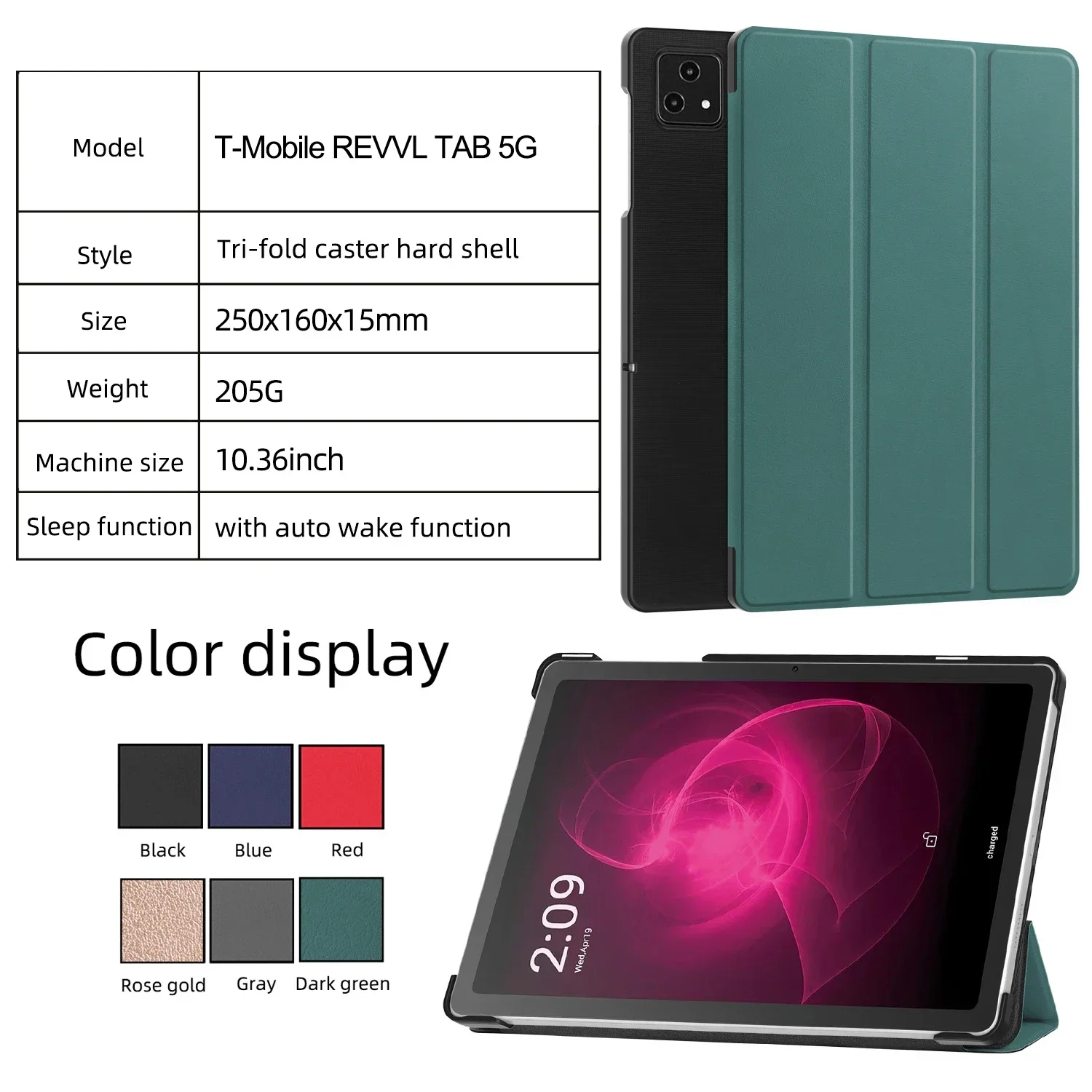for T-Mobile REVVL TAB 5G Case 10.36 Inch Tablet Cover Triple Fold PU Leather with Auto Sleep/Wake function Stand Flip