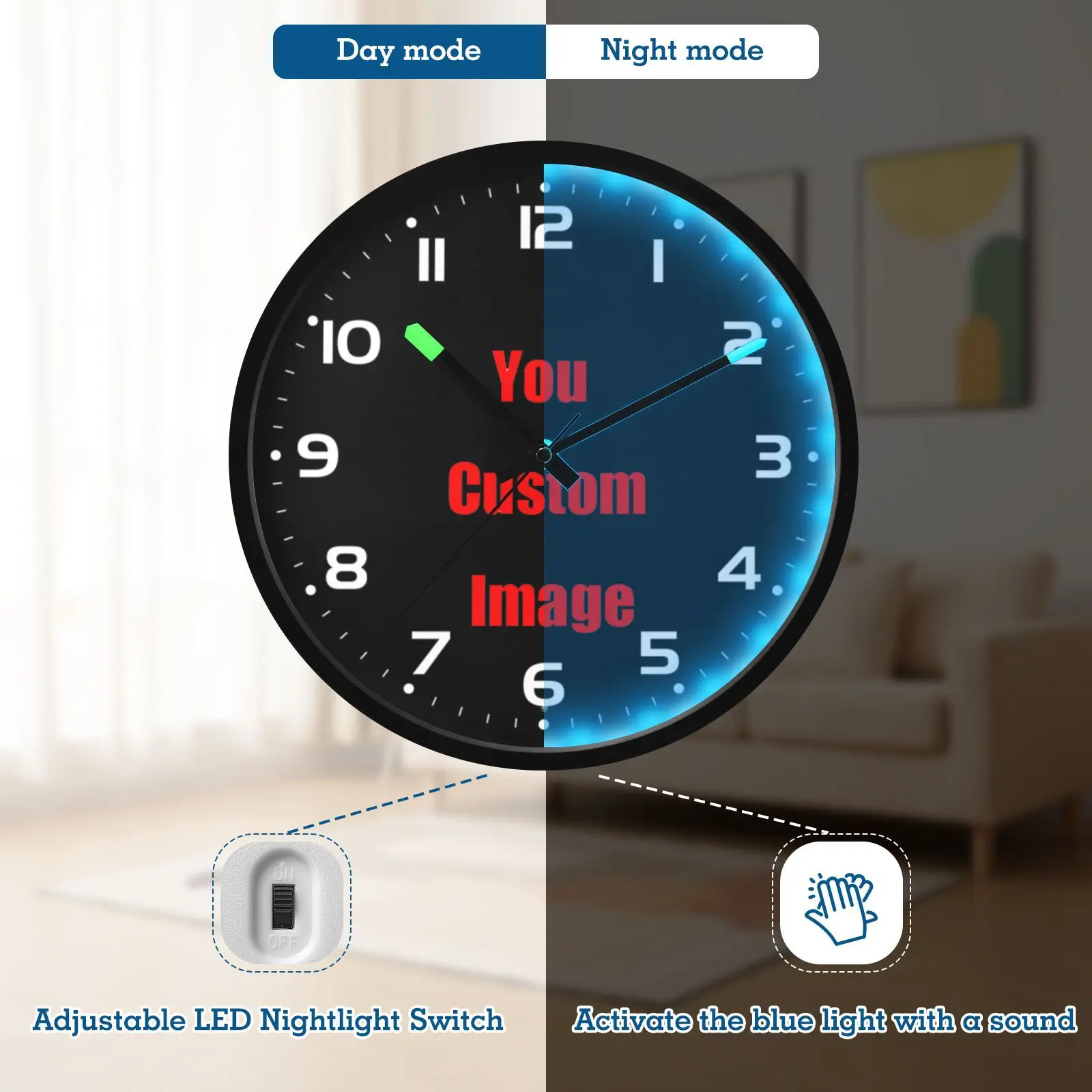 DIY ساعة حائط مضيئة صورة مخصصة ديكور غرفة المعيشة الأسرة ساعة مستديرة الذهب صور شخصية إطار أكريليك ساعة كبيرة