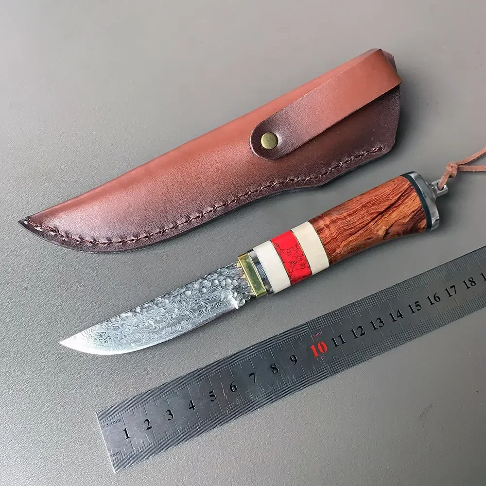Forged Damascus Steel Fixed Blade Knife Natural Turquoise + Sandalwood Handle Outdoor Camping Hunting Knifes Hand Tools For Men